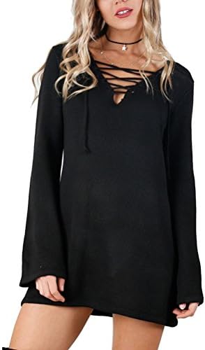 Angl Lee Women's Plunge Neck Lattice Lace Up Long Sleeve Shift Basic Dress (m, black)