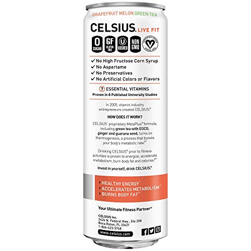 CELSIUS Grapefruit Melon Green Tea NonCarbonated Fitness Drink, Zero Sugar, Slim Can 12 Fl Oz