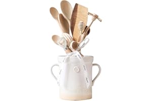 ETUHOME Favorite Things 2023: etúHOME Ceramic Crock with Set of Wooden Utensils, Kitchen Countertop Spoon and Spatula Holder, Cooking Utensil Bundle with White Clay Organizer