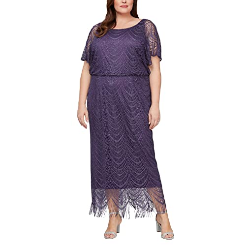 S.L. Fashions Women's Blouson Metallic Crochet Dress with Fringe Hemline, Plum Plus, 20W at Amazon