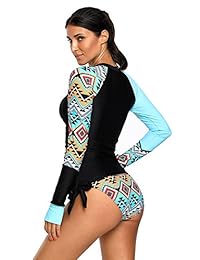 REKITA traje de baño tankini de manga larga con estampado de bloques de colores para mujer