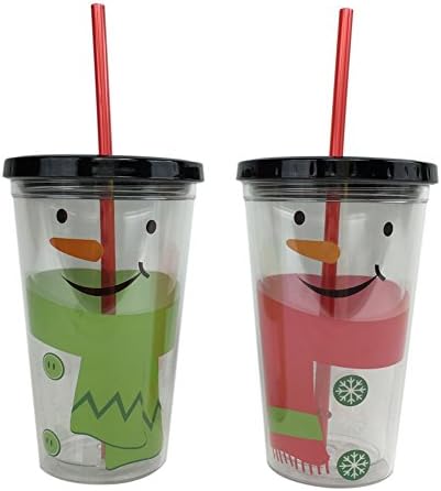 Set of 2 Snowman Double Walled Insulated Travel Tumbler Cup with Lid and Straw