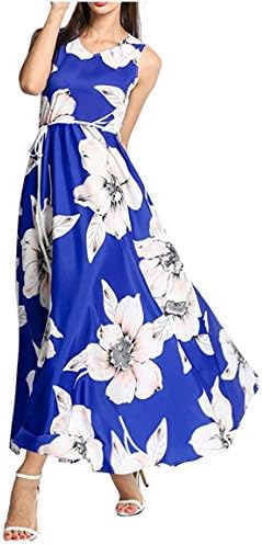 Women V-Neck Sleeveless Floral Print Long Maxi Swing Dress Beach dress Blue Plus Size (XL, Blue)