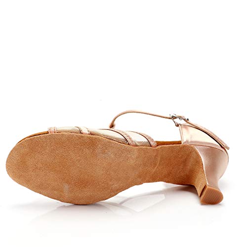 CLEECLI Women's Ballroom Dance Shoes Latin Salsa Dance Shoes T-Strap Sandals 2.5" Heel ZB01(10,Nude)