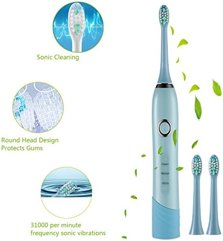 Guisee Electric Toothbrush Sonic Deep Cleaning Rechargeable, 2 Minute Timer, 5 Cleaning Modes, 3 Brush Heads Black Brush Heads (Blue)