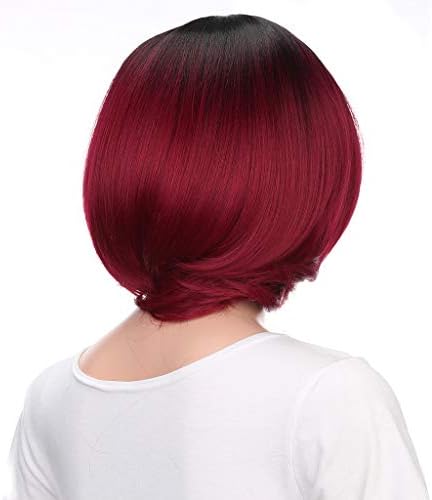 YIYEZI Short Wavy Bobo Hair Black Roots Women Glueless Hair Net Side-parting Fashion Wigs for Women (Red)