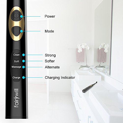 Fairywill Electric Toothbrush, Electric Sonic Toothbrush with 3 Optional Modes and 3 Replacement Heads,Pearl Black