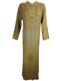 Mogul Womens Maxi Dress Stonewashed Neck Embroidered Boho Festive Tunic Shift Dresses