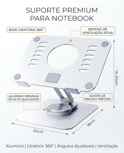Suporte para Notebook Ajustável - Giratório 360° Ergonômico em Alumínio - Base Antiderrapante - Dobrável - Articulado - Compacto - Compatível com Notebook; Tablet; Laptop; MacBook; até 17”