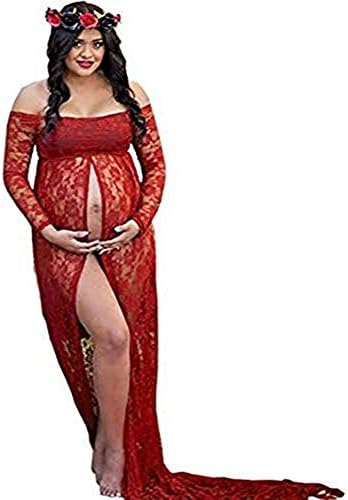 Photography Dresses for Photoshoot Long Sleeve Maternity Off Shoulder Lace Gown Split Front Maxi Pregnancy