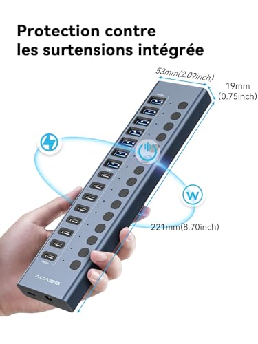Hub USB 3.2 alimenté, ACASIS USB Hub 10Gbps 16 ports (8 ports USB-A 3.2 + 8 ports USB-C 3.2) en Aluminium, Multi Hub USB avec adaptateur d'alimentation 96 W, Hub USB Alimenté pour PC/Macbook/Clé USB