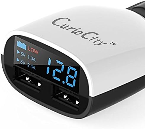 CurioCity Car Dual USB Charger, Intelligent Smart Chip High Speed, with Car Battery Voltage Indicator Readout LED Display and Low Voltage Alarm for All Types of Cars - 3.4Amp (Glossy White and Black)