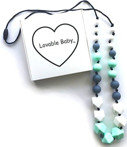 Baby Teething Necklace for Mom, Relieve Teething Pain, Fashion accessory, Silicone Teething Beads, by Lovable Baby, Non-toxic BPA-free beads for baby to chew on, gift boxed, Gray Mint White