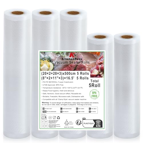 KitchenBoss Vacuum Sealer Bags Food Bags: 5 Rolls 28 x 3/20 x 2/500 cm Vacuum Film Rolls, Professional Vacuum Sealing Film for Sous Vide and Frozen, Foil Rolls for Vacuum Sealer