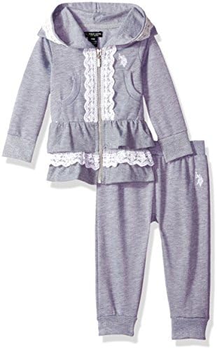 U.S. Polo Assn. Baby Girls' 2 Piece Fleece Jog Set, Heather Grey, 18M