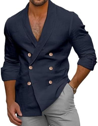 Mens Casual Double-Breasted Shirts Button up Long Sleeve Lapel