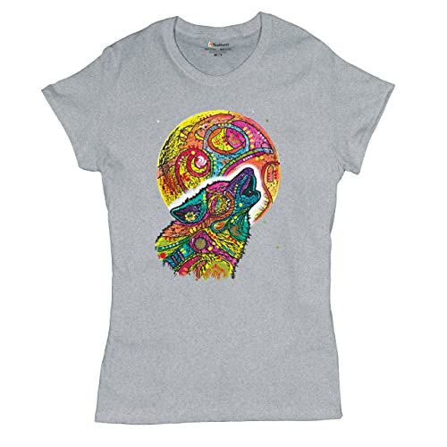 Howling Wolf and Moon T-Shirt Dean Russo Colorful Wild Life Women's Tee Gray X-Large at Amazon