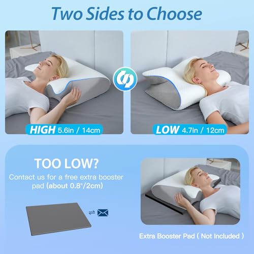 HOMCA 2-in-1 Ergonomic Neck Pillow, Memory Foam Pillow for Back, Side and Stomach Sleepers, 60 x 40 x 12/14 cm, Grey