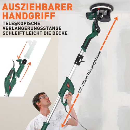KUIMIT Giraffe Sander 850W, Wall and Ceiling Sander, LED Light Telescopic Handle, 6 Speeds (800-1750rpm), Electric Sander Sander, with Automatic Dusting, 12 Abrasive Discs