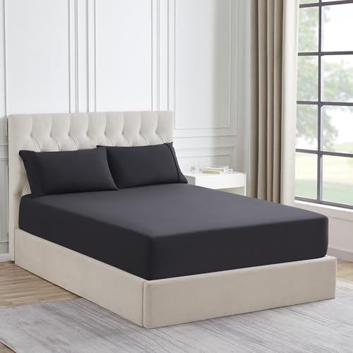Twin Flannel Fitted Sheet Only with Full Elastic & Built in Corner Sheet Straps to Prevent Shifting - Ultra Soft & Breathable Flannel Bottom Sheet, Twin, Black