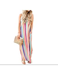 SIMANLI Vestido de rayas de playa sin espalda para mujer Vestido sin mangas colorido Vestido informal con cuello en V