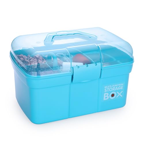 BTSKY 12 Inch Plastic Storage Box with Removable Handled Tray Multipurpose Stationery Storage Box with Handle Portable Large Capacity Sewing Box Art Craft Supply Organizer Home Utility Box, Blue