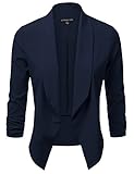 JJ Perfection Women's Lightweight Chiffon Ruched Sleeve Open-Front Blazer NAVY M