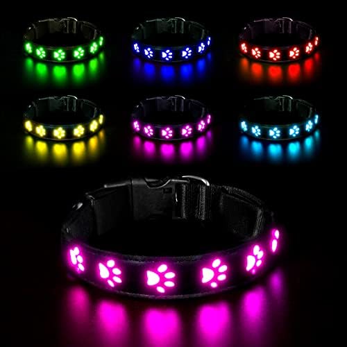 AUAUY Light Up Dog Collar, LED Dog Collar Light USB Rechargeable, Waterproof Flashing PVC Leather Adjustable Glowing Super Bright Dog Light Up Collar for the Dark Small Medium Large Dogs (Colorful-L)