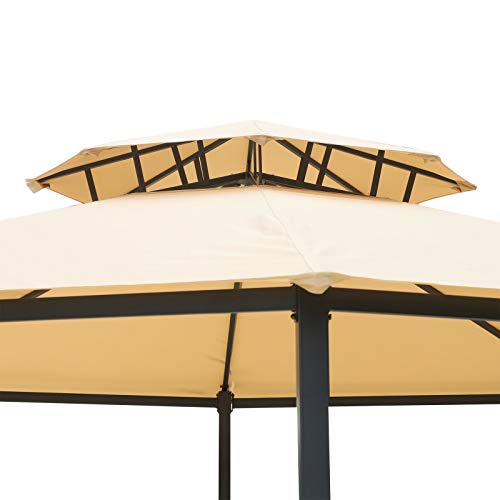 2-Tier Roof Light Brown 12.5 FT Steel Pavilion Canopy Tent Outdoor Octagon Patio Gazebo Shelter Outdoor Sun Shade w/ 4 Padded Benches with Ebook