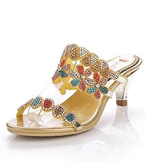 Unicoratha Women's Colorful Crystal Mid Heel Evening Party Dress Sandals Rhinestone Bridal Shoes Gold 7.5 M US