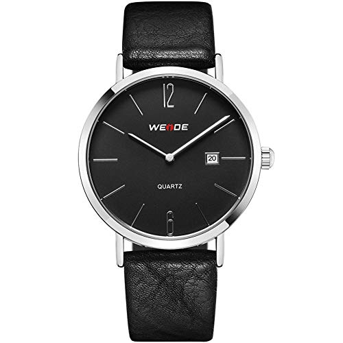 VOEONS Men's Black Genuine Leather Classic Watch Waterproof Analog Quartz Wrist Watches for Men with Calendar