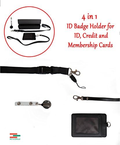 4 in 1, Black 2-Sided Vertical Leather Credit Card and ID Holder with Detachable Lanyard. 1 Neck Lanyards with Detachable Buckle. 1 Heavy Duty Retractable Badge Reel with Belt Clip for ID Badge