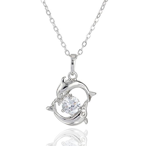 Vktech 18K White Gold Plated Two Dolphins Form a Circle Crystal Pendant Necklace