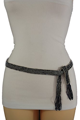 TFJ Women Fashion Belt Hip Waist Fabric Beads Sash Scarf S M L Dark Midnight Blue