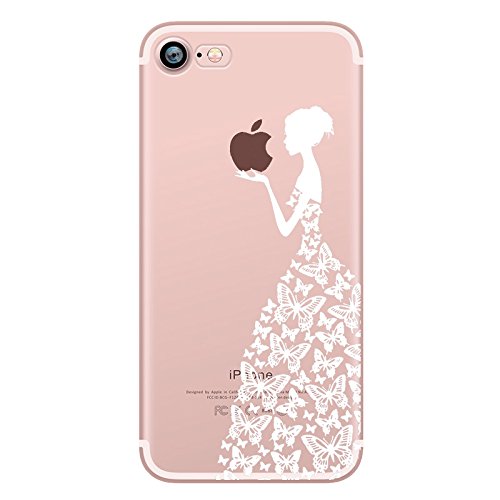 iPhone 7 Case, Halnziye Ultra Lightweight Crystal Soft TPU Gel Cover, Transparent Silicone Shock Absorption Protective Shell Skin Bumper for Apple iPhone 7 4.7" - White Butterfly Dress