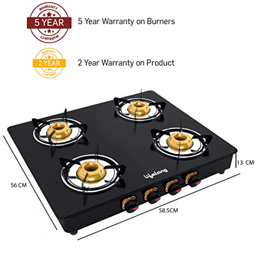 Lifelong Glass Top Gas Stove, 4 Burner Gas Stove, Black (ISI Certified