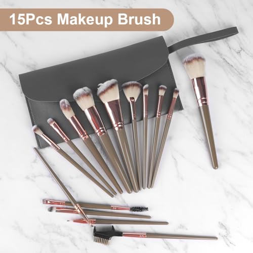 Vicloon Makeup Brush Set, 15 Pieces Professional Makeup Brush Set with 2 Powder Puffs, Premium Makeup Brushes Set for Foundation Concealer, Brown