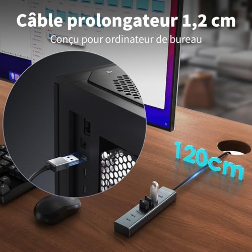 7 Port USB 3.0 Hub, Aluminium Hub with 120 cm Cable for Desktop, USB Multiport Adapter with 4 USB-A & 3 USB-C, 5V 3A Type-C for PC, Laptop, MacBook, MacBook, Mouse, Keyboard, U Disk etc