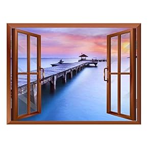 Calm Wood Pier at Sunset View from Inside a Window Removable Wall Sticker/Wall Mural - 24"x32"