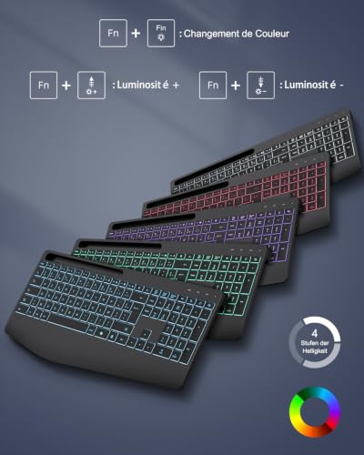 TECURS Clavier sans Fil 2,4 GHz AZERTY Français avec Repose-Poignet, Noir | Rétroéclairage 7 Couleurs, Rechargeable, Ergonomique, Récepteur 2-en-1 USB-A et Type-C, Silencieux, pour Windows PC, Bureau