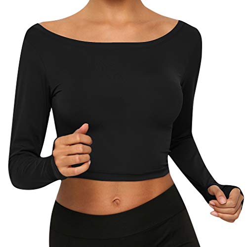Toimothcn Women's Yoga Crop Tops Slim O-Neck Dance Fitness Long Sleeve Top Blouse (Black,M) - Thumbnail 6