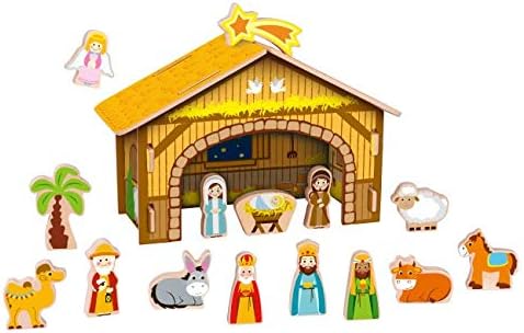 Tooky Toy TKF054 Crêche en bois éducative Personnages religieux et animaux Educational Wooden Nursery, Multicolored