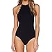 LAPAYA Women's Bathing Suit Scalloped High Neck Halter Backless 1 Piece Swimsuit, Black, Tag Size M=US Size 6-8