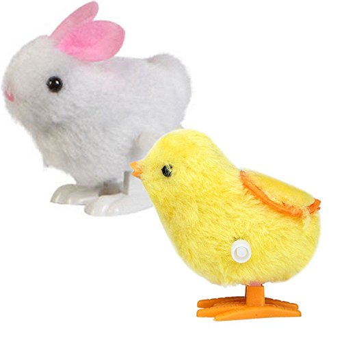 Baifeng Children Kids Baby 2Pcs Clockwork Wind-Up Animal Bounce Toys Chick + Bunny Plush Walking Crawling Doll Toy - Thumbnail 2