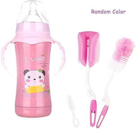 KateDy Stainless Steel Water Bottle with Wide Caliber Handle Insulation Cup for Baby Kids(240ml,Pink),with 3 in 1 Bottle Cleaning Brush Set,Children Feeding Bottle Supplies