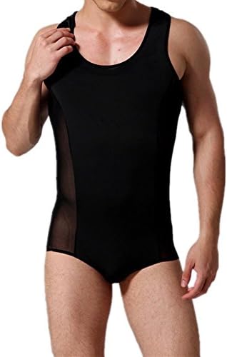 Casualfashion Sexy Men's Ice Silk Mesh Lingerie See Through Soft Bodysuit Vest Jumpsuit Underwear (L (Suit for 175-180cm Height), Black)