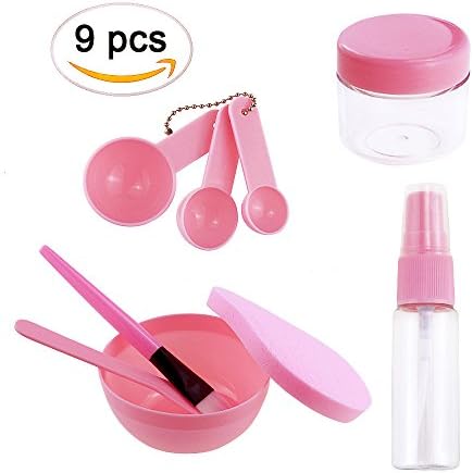 Sc0nni Lady Facial Care Mask Facemask Mixing Tool Sets, Bowl Stick Brush Gauge Cleaning Mat 9 in 1 Set Pink