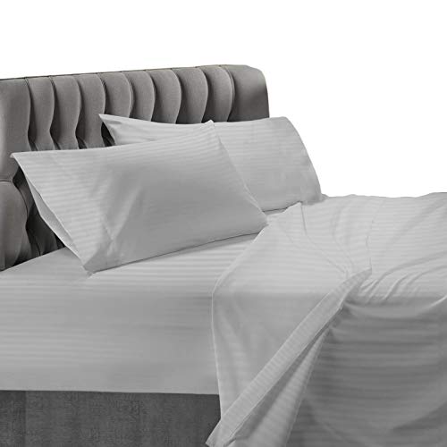 Nestl Damask Dobby Stripe 4 Piece Set – 14”-16” Deep Pocket Fitted Sheet – Soft Double Brushed Top Sheet – 2 Pillow Cases, Queen - Silver