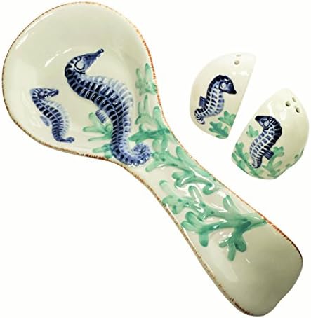 Beach Decor Seahorse Spoon Rest + Salt and Pepper Shaker Set, 3D Design