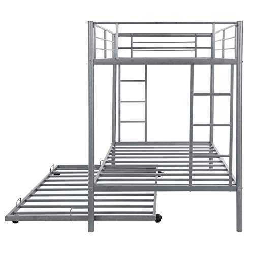 Twin Over Twin Metal Bunk Bed with Trundle, Rockjame Space Saving Design Sleeping Bedroom Bed Frame with 2 Ladders and Safety Rail for Boys, Girls, Kids, Young Teens and Adults (Sliver)